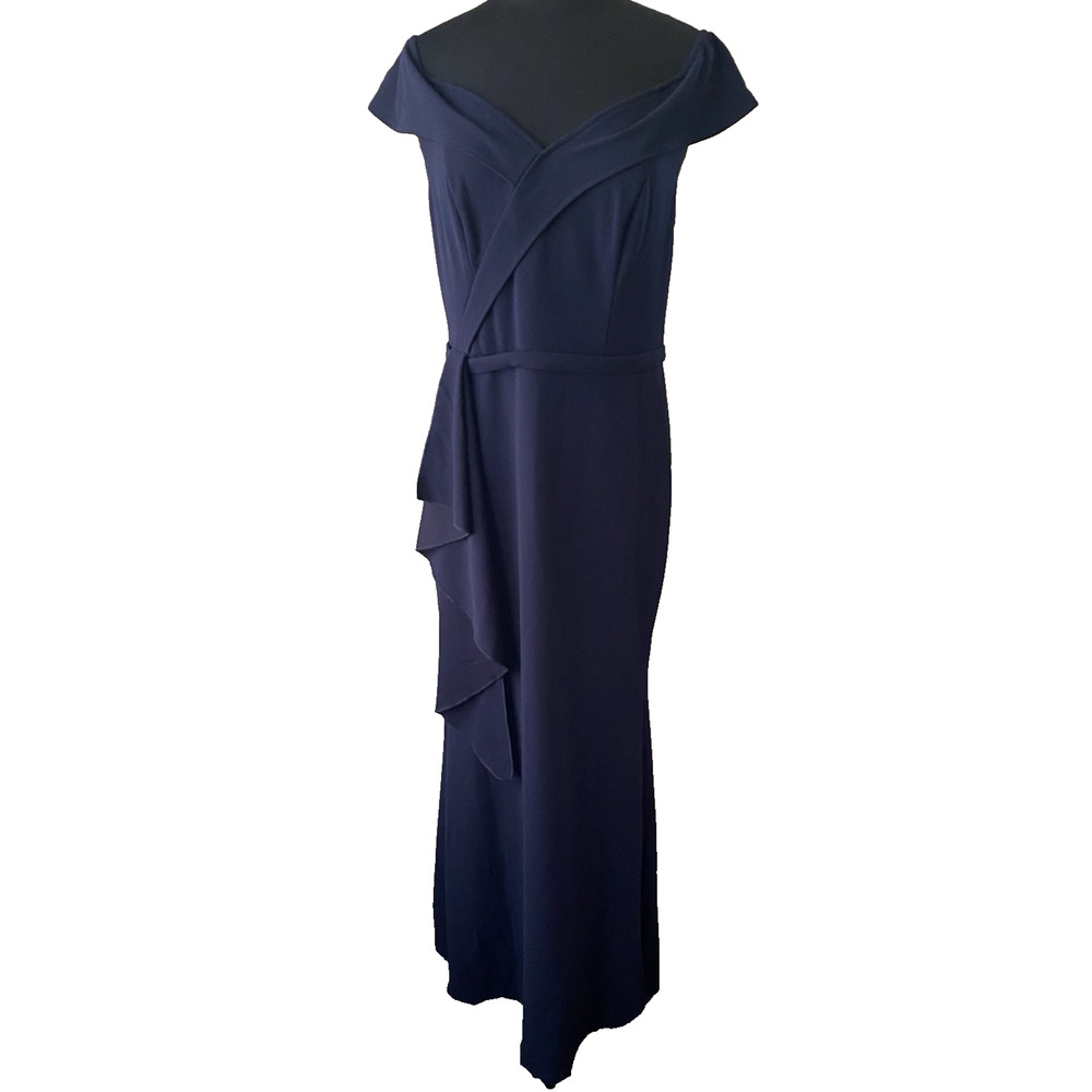 NWT Alisa Pan Ruffled Formal Maxi Dress Womens Size XL Navy Off Shoulder